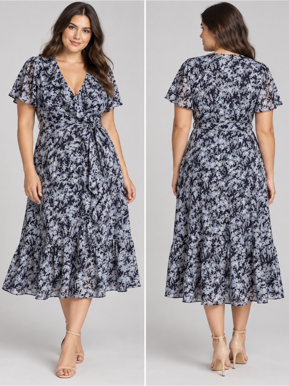 Michael Michael Kors Blue Floral Ruffle Wrap Midi Dress Size Large